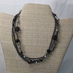 Multi-strand Beaded Necklace, Adjustable, Seed And Faceted Beads, Black/Silver